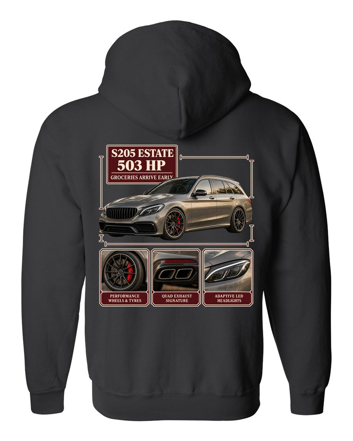 Mercedes-AMG C63 S Estate S205 dossier panel design in warm grey black zip hoodie back view with the design