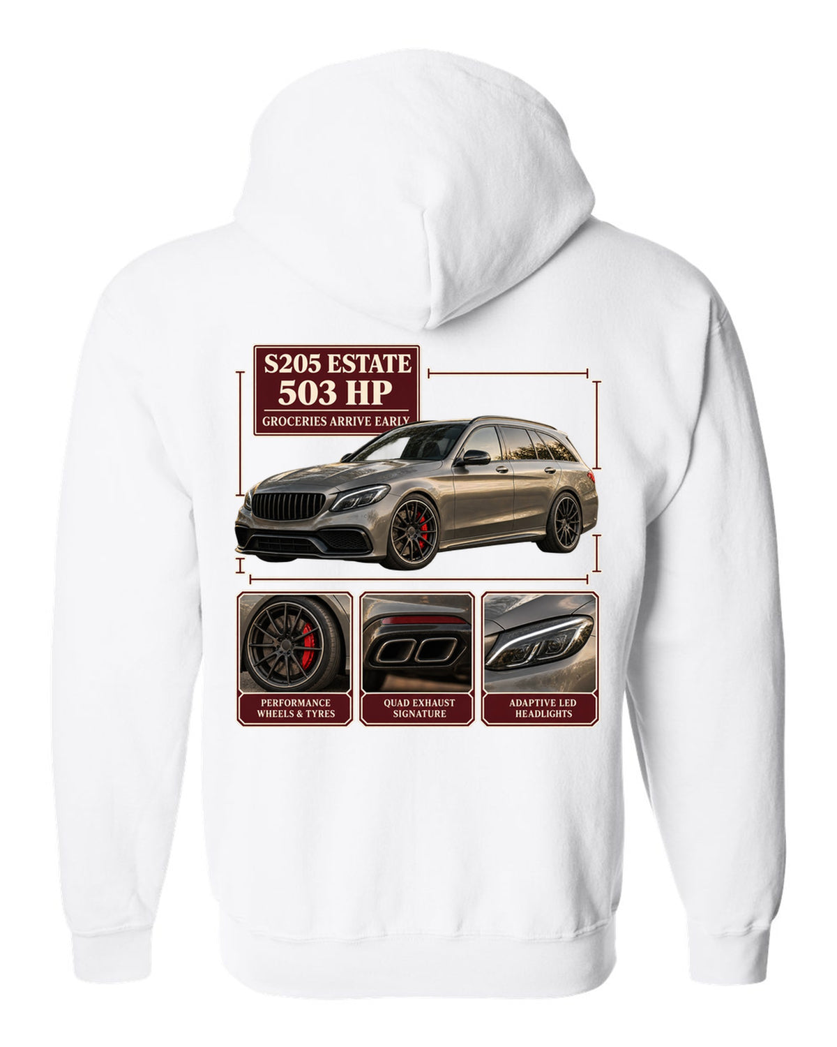 Mercedes-AMG C63 S Estate S205 dossier panel design in warm grey white zip hoodie back view with the design