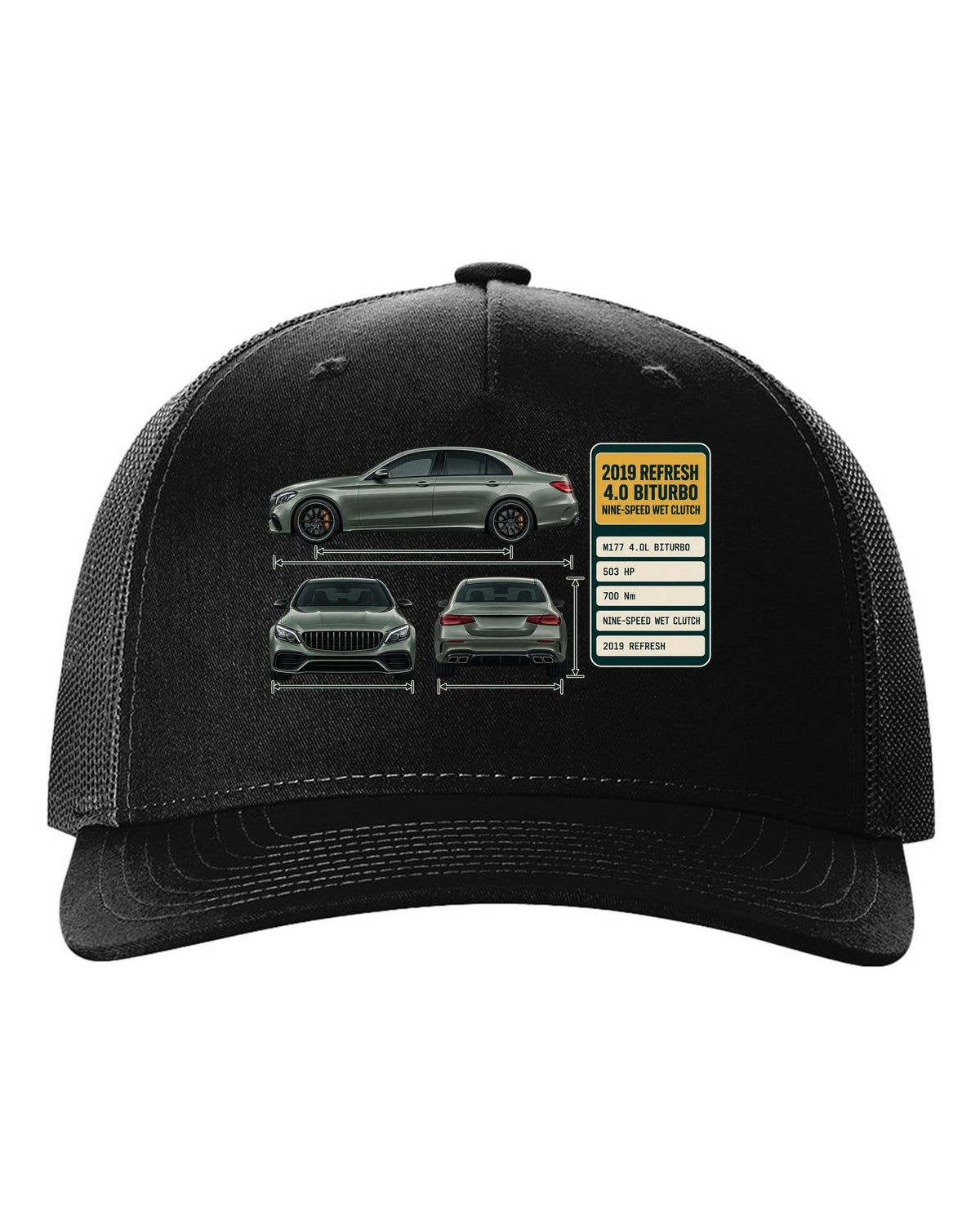 Spec poster print of a Mercedes-AMG C63 S W205 facelift sedan black hat front view with the design