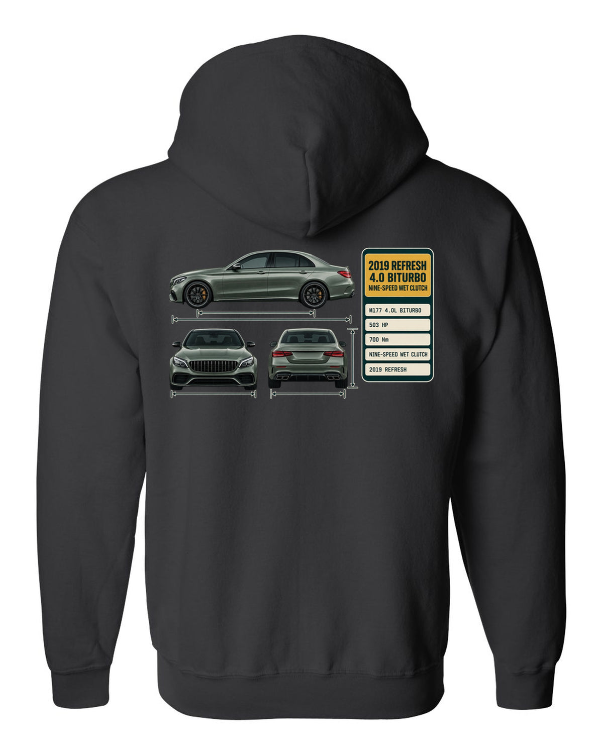 Spec poster print of a Mercedes-AMG C63 S W205 facelift sedan black zip hoodie back view with the design