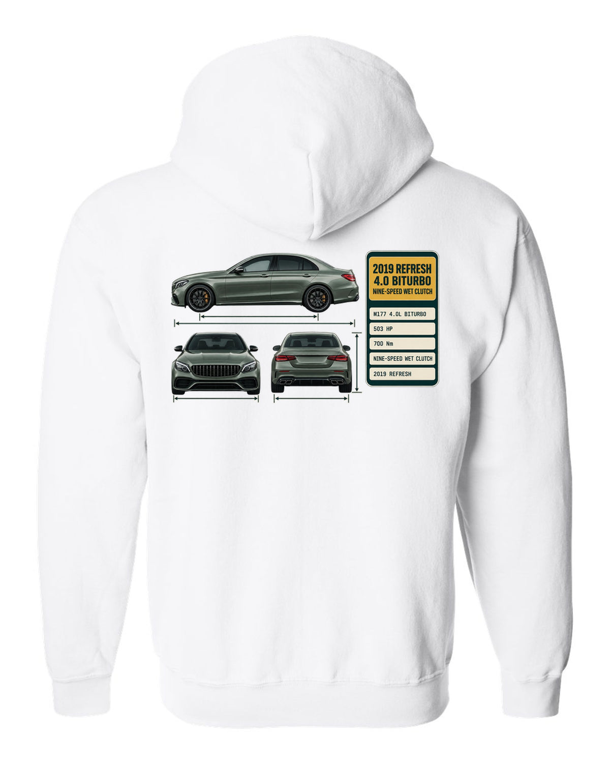 Spec poster print of a Mercedes-AMG C63 S W205 facelift sedan white zip hoodie back view with the design