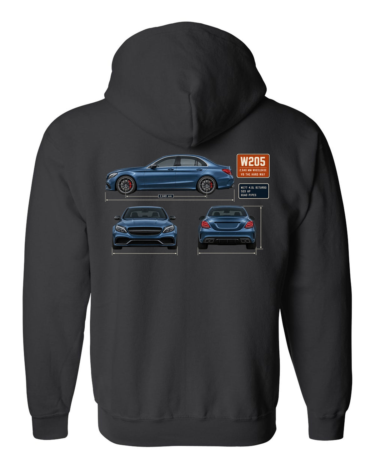 Mercedes-AMG C63 S W205 sedan three-view drawing in steel blue black zip hoodie back view with the design
