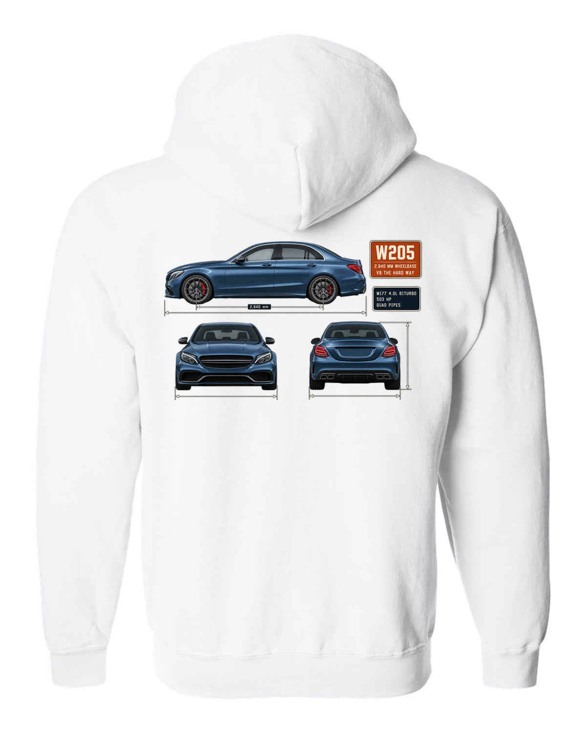 Mercedes-AMG C63 S W205 sedan three-view drawing in steel blue white zip hoodie back view with the design