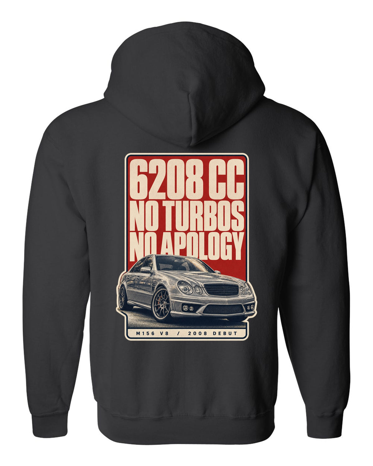 Mercedes-AMG C63 W204 sedan with editorial headline in silver-grey black zip hoodie back view with the design
