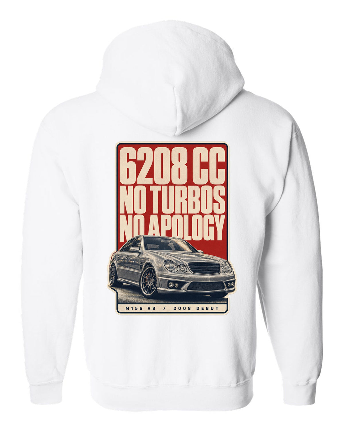 Mercedes-AMG C63 W204 sedan with editorial headline in silver-grey white zip hoodie back view with the design