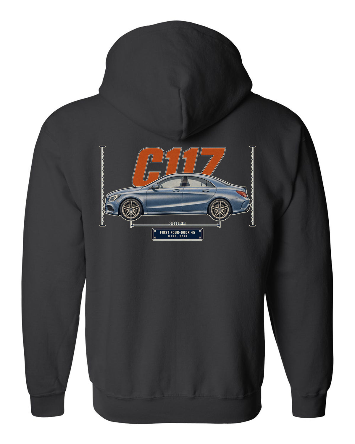 Mercedes-AMG CLA 45 C117 sedan halftone print black zip hoodie back view with the design