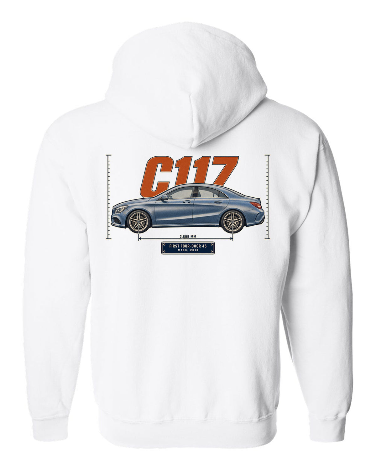 Mercedes-AMG CLA 45 C117 sedan halftone print white zip hoodie back view with the design