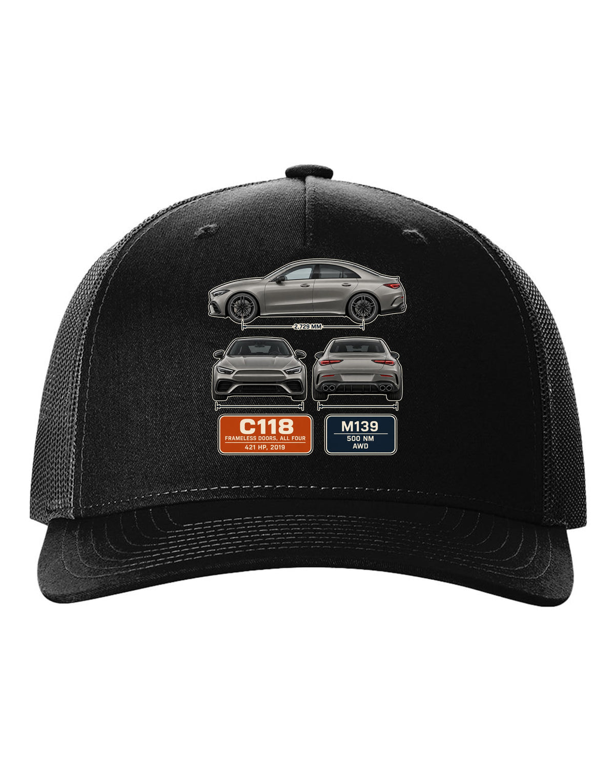 Mercedes-AMG CLA 45 S C118 four-door coupe three-view spec print black hat front view with the design