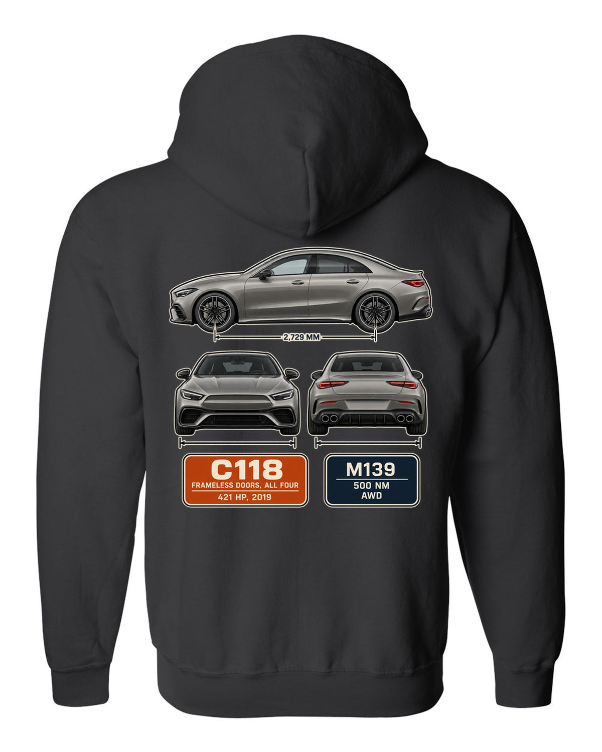 Mercedes-AMG CLA 45 S C118 four-door coupe three-view spec print black zip hoodie back view with the design