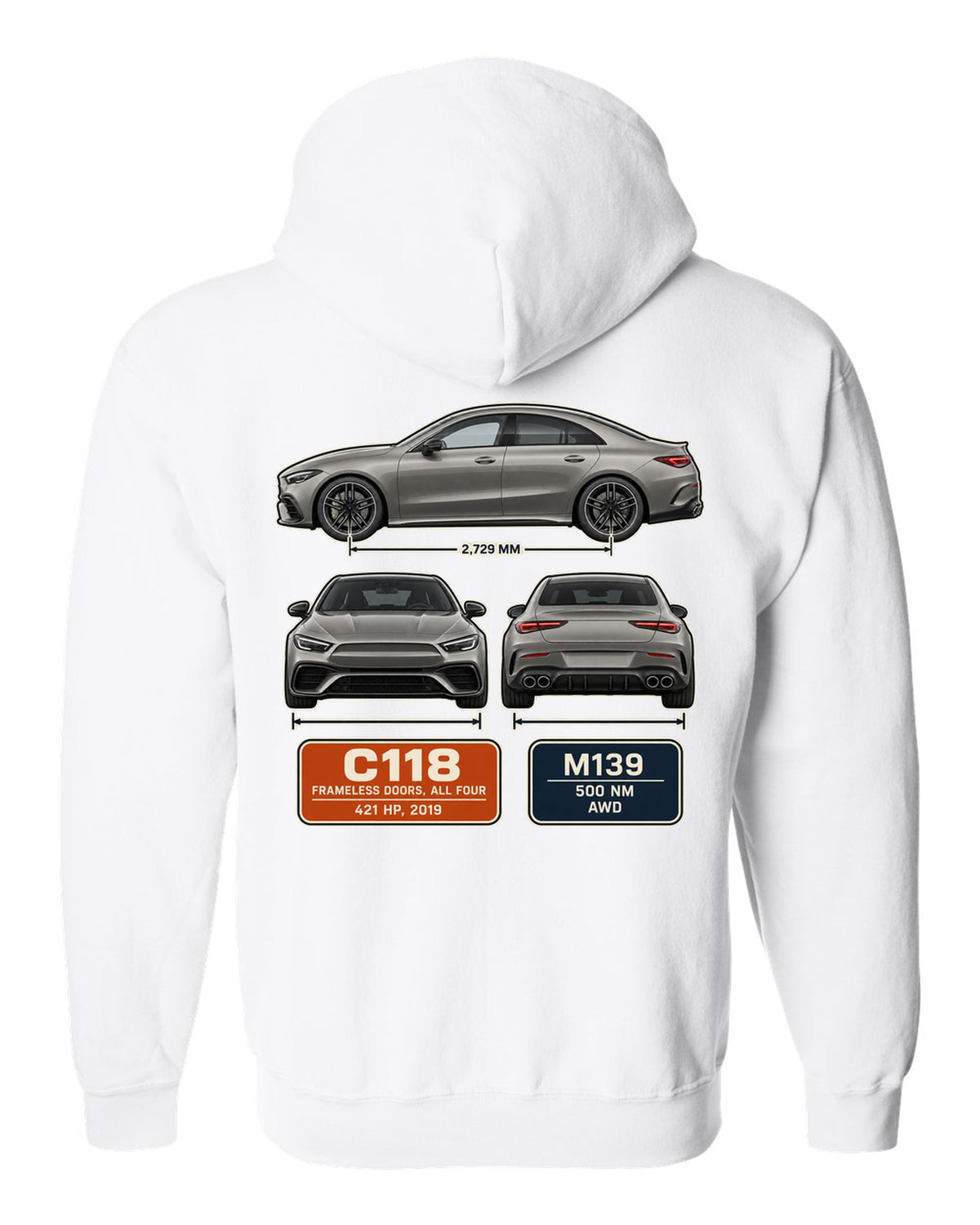 Mercedes-AMG CLA 45 S C118 four-door coupe three-view spec print white zip hoodie back view with the design