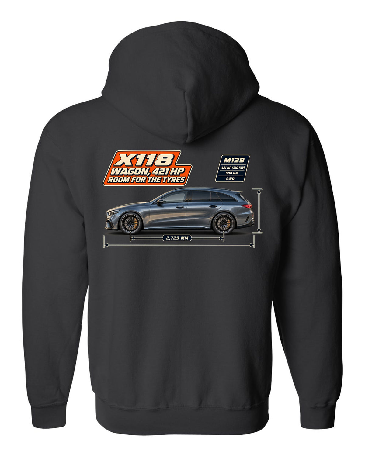 Mercedes-AMG CLA 45 S Shooting Brake X118 wagon spec poster print black zip hoodie back view with the design