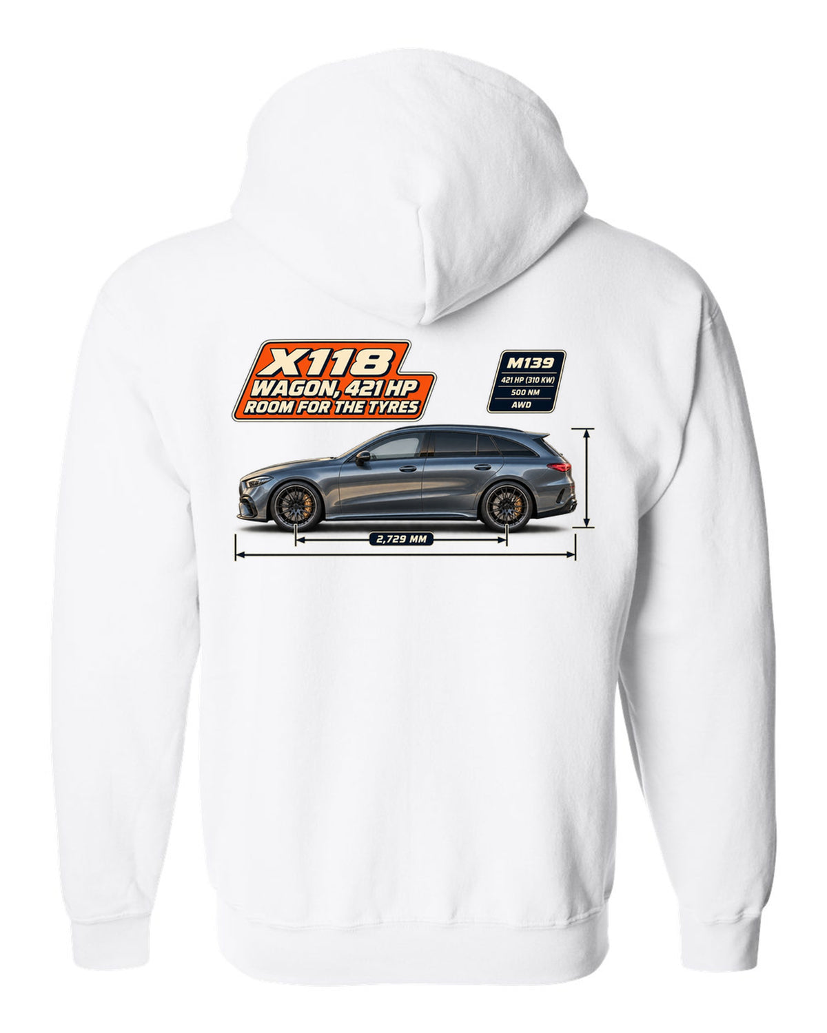 Mercedes-AMG CLA 45 S Shooting Brake X118 wagon spec poster print white zip hoodie back view with the design