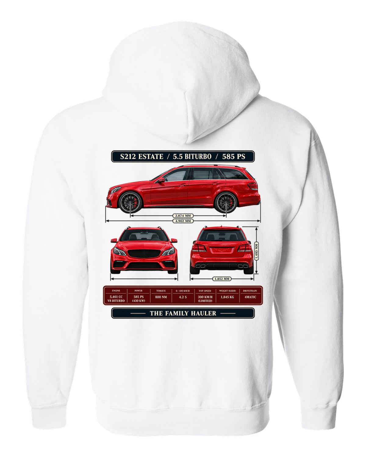 Three-view and spec table print of a signal red Mercedes-AMG E63 S S212 estate white zip hoodie back view with the design