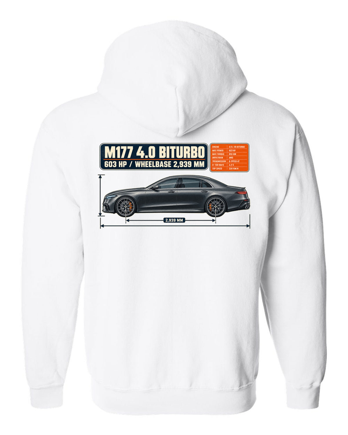 Dimension blueprint print of a graphite grey Mercedes-AMG E63 S W213 sedan white zip hoodie back view with the design
