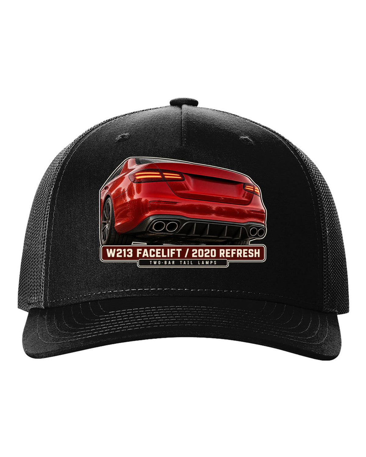 Tail lamp macro print of a red-orange Mercedes-AMG E63 S W213 facelift black hat front view with the design