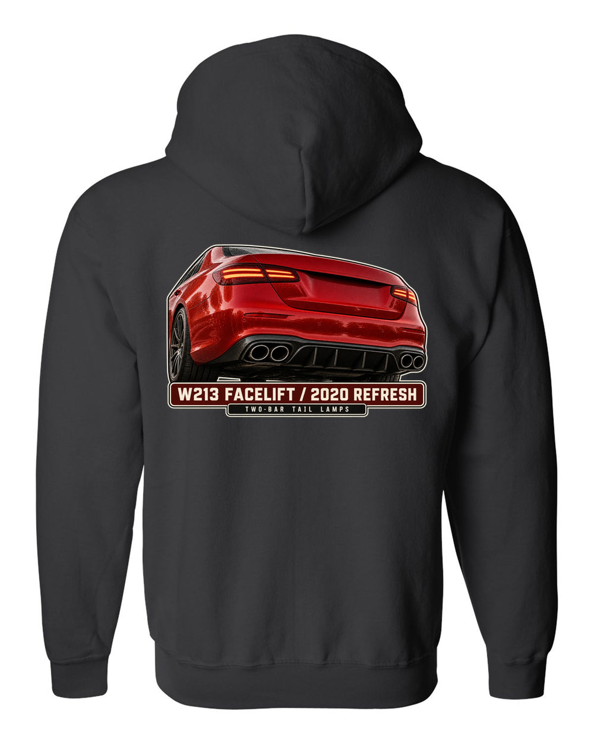 Tail lamp macro print of a red-orange Mercedes-AMG E63 S W213 facelift black zip hoodie back view with the design
