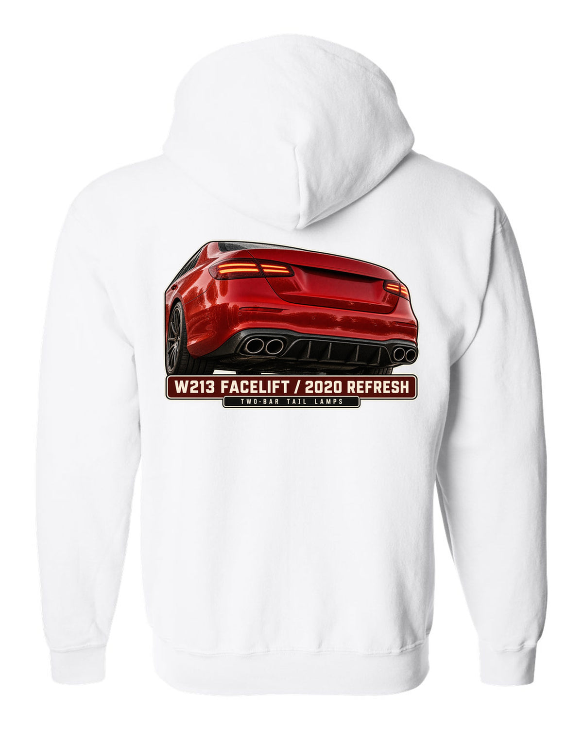 Tail lamp macro print of a red-orange Mercedes-AMG E63 S W213 facelift white zip hoodie back view with the design