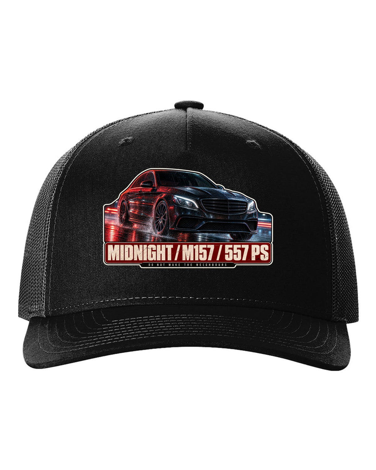 Night street print of a Mercedes-AMG E63 W212 facelift in blue and red light black hat front view with the design