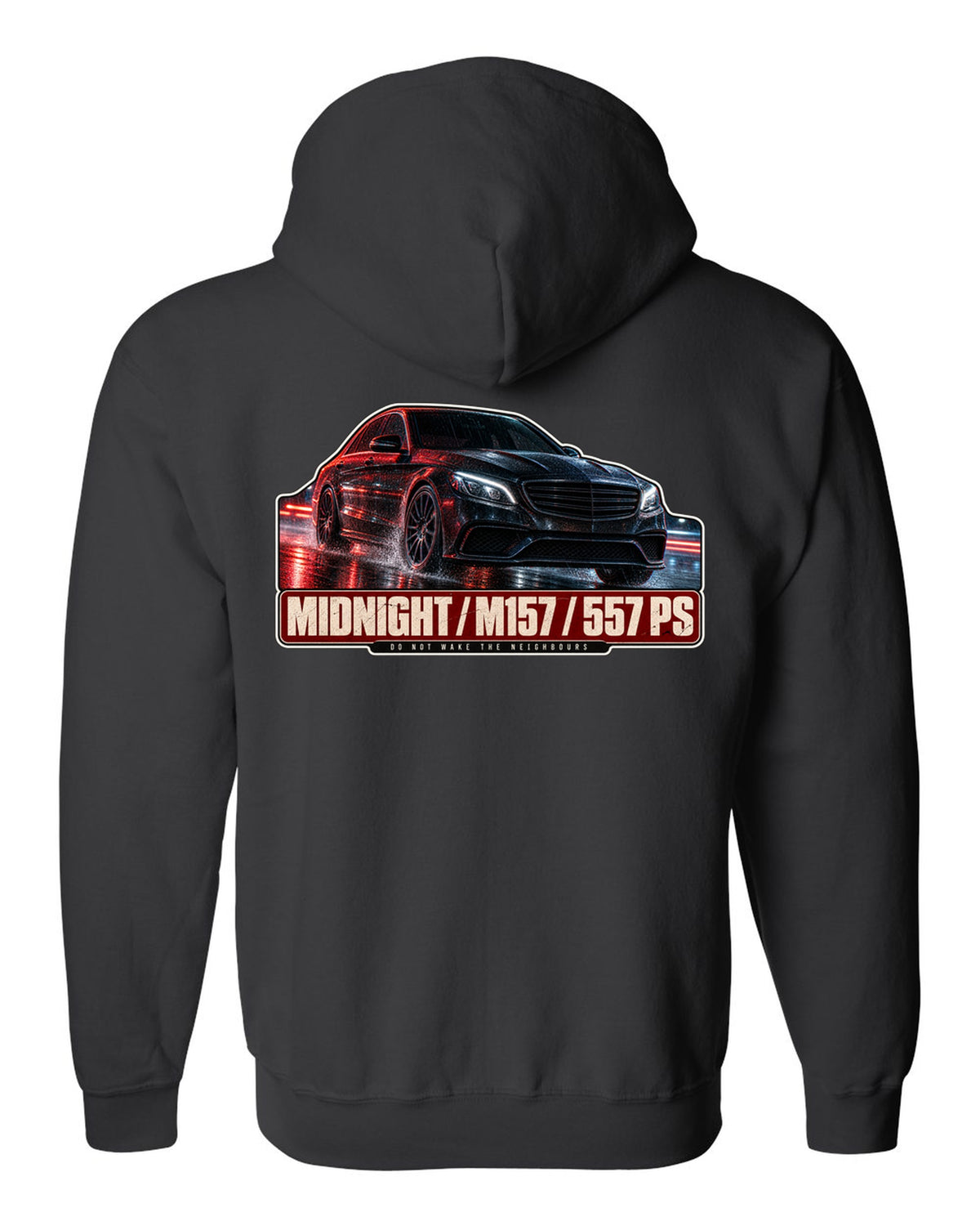 Night street print of a Mercedes-AMG E63 W212 facelift in blue and red light black zip hoodie back view with the design