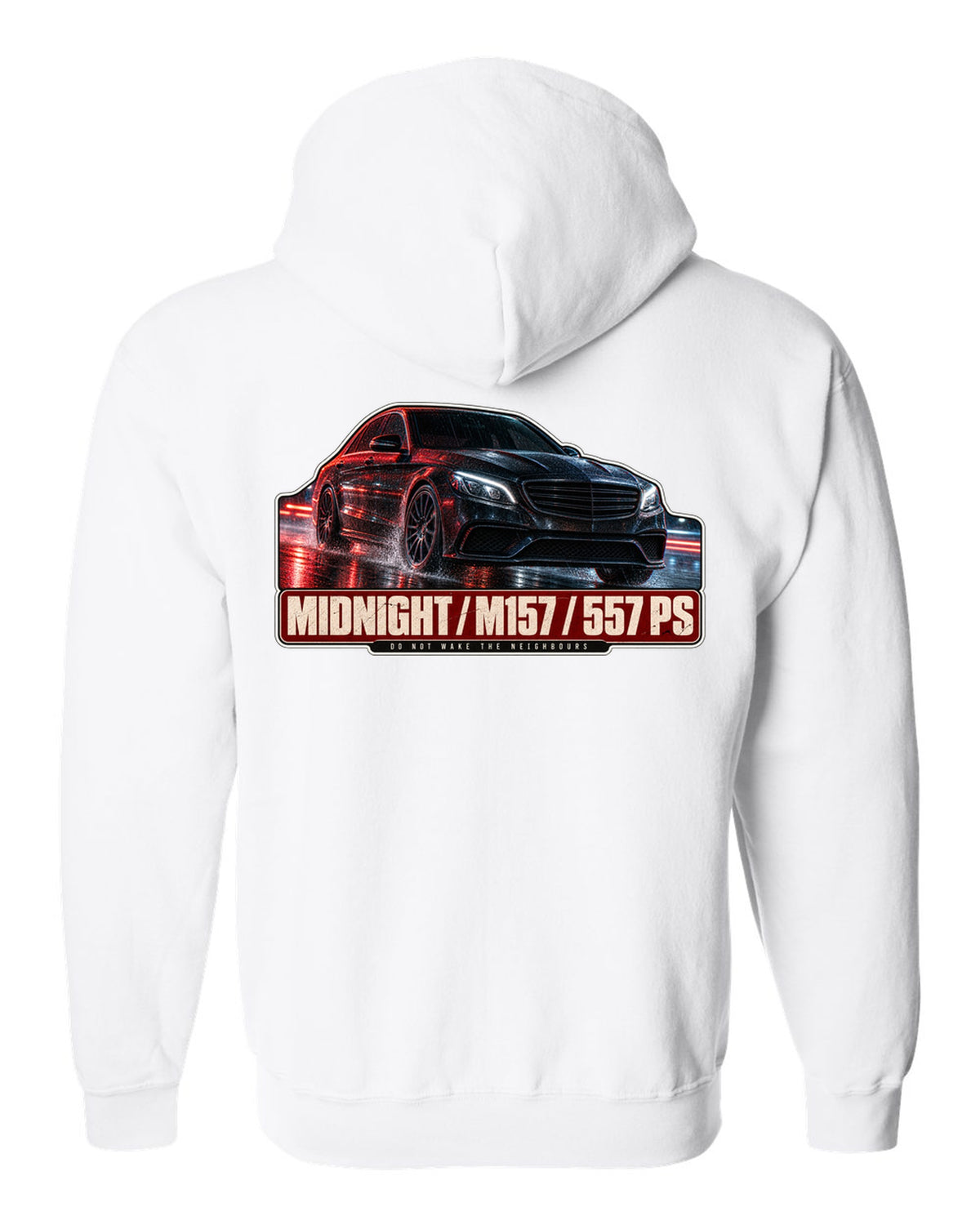 Night street print of a Mercedes-AMG E63 W212 facelift in blue and red light white zip hoodie back view with the design