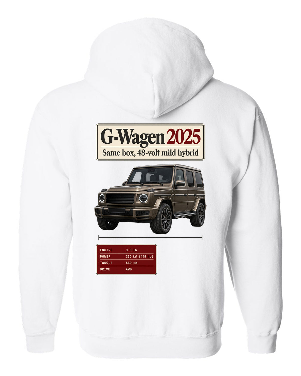 Archive panel print of a 2025 Mercedes-AMG G63 W463A facelift white zip hoodie back view with the design