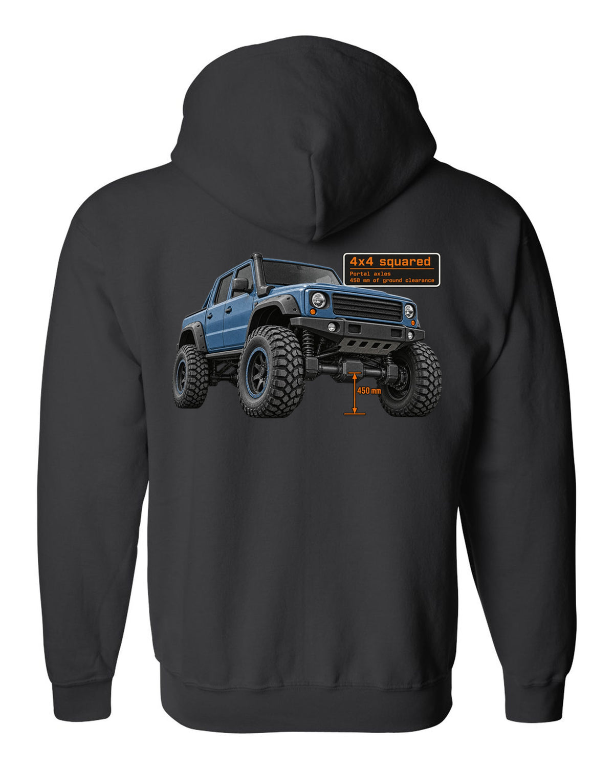 Halftone print of a Mercedes-AMG G63 4x4 squared W463 black zip hoodie back view with the design