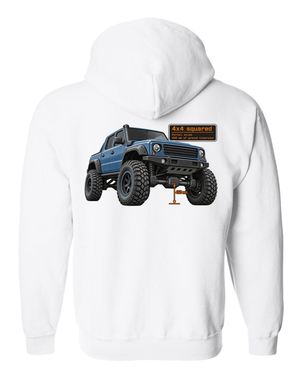 Halftone print of a Mercedes-AMG G63 4x4 squared W463 white zip hoodie back view with the design