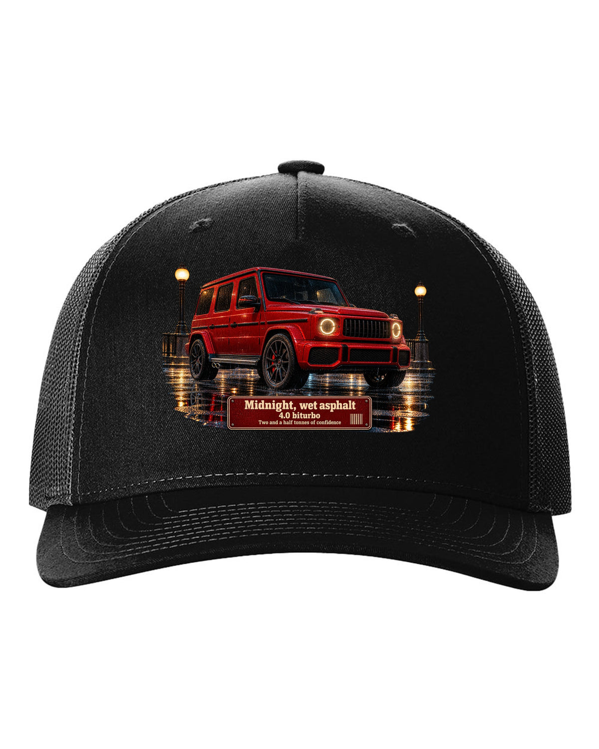 Night street print of a Mercedes-AMG G63 W463A on wet asphalt black hat front view with the design