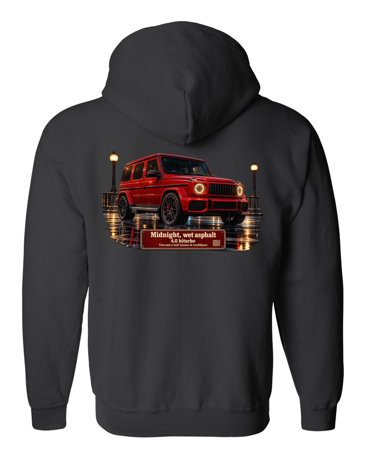 Night street print of a Mercedes-AMG G63 W463A on wet asphalt black zip hoodie back view with the design