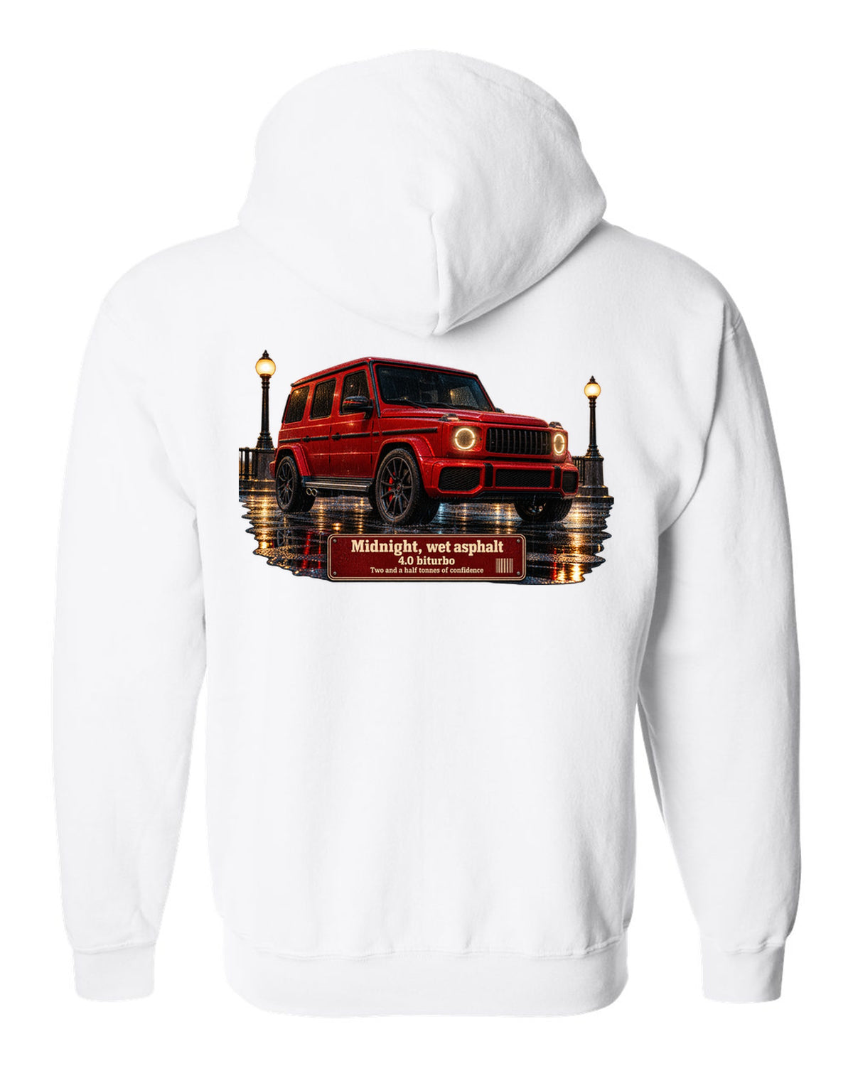 Night street print of a Mercedes-AMG G63 W463A on wet asphalt white zip hoodie back view with the design