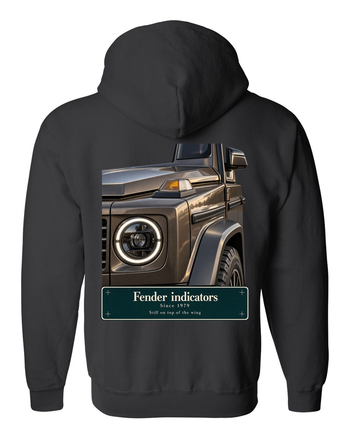 Round fender lamp macro print of a Mercedes-AMG G63 W463A black zip hoodie back view with the design