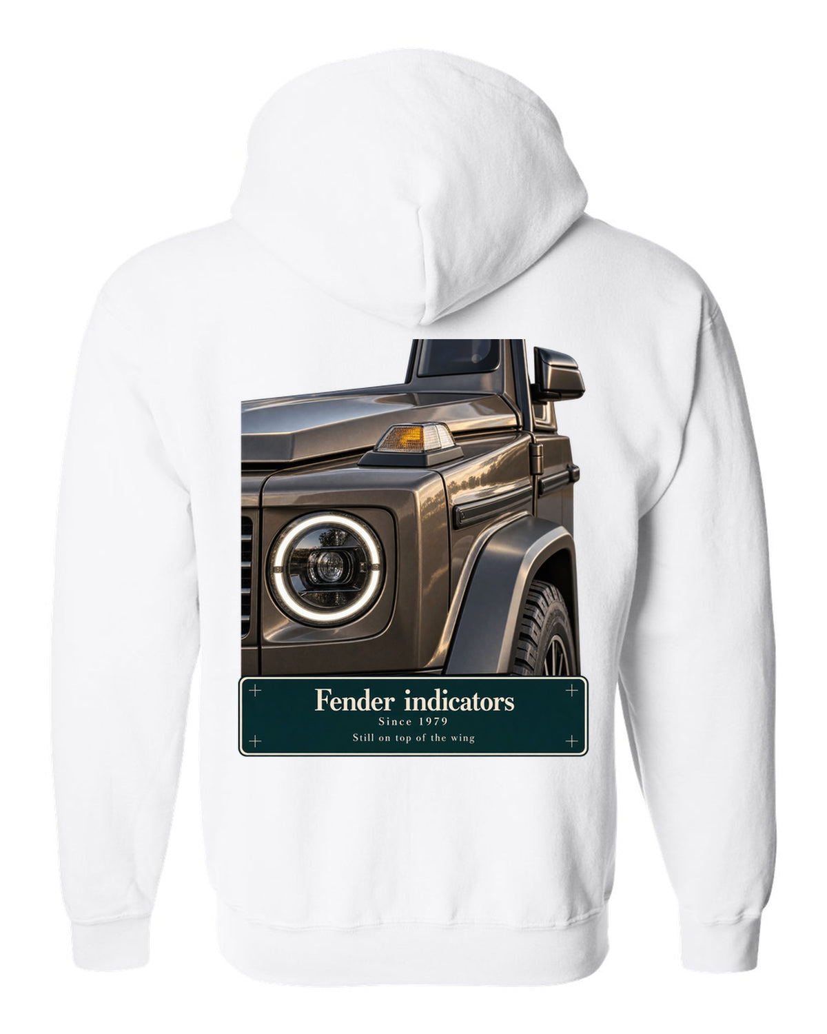 Round fender lamp macro print of a Mercedes-AMG G63 W463A white zip hoodie back view with the design