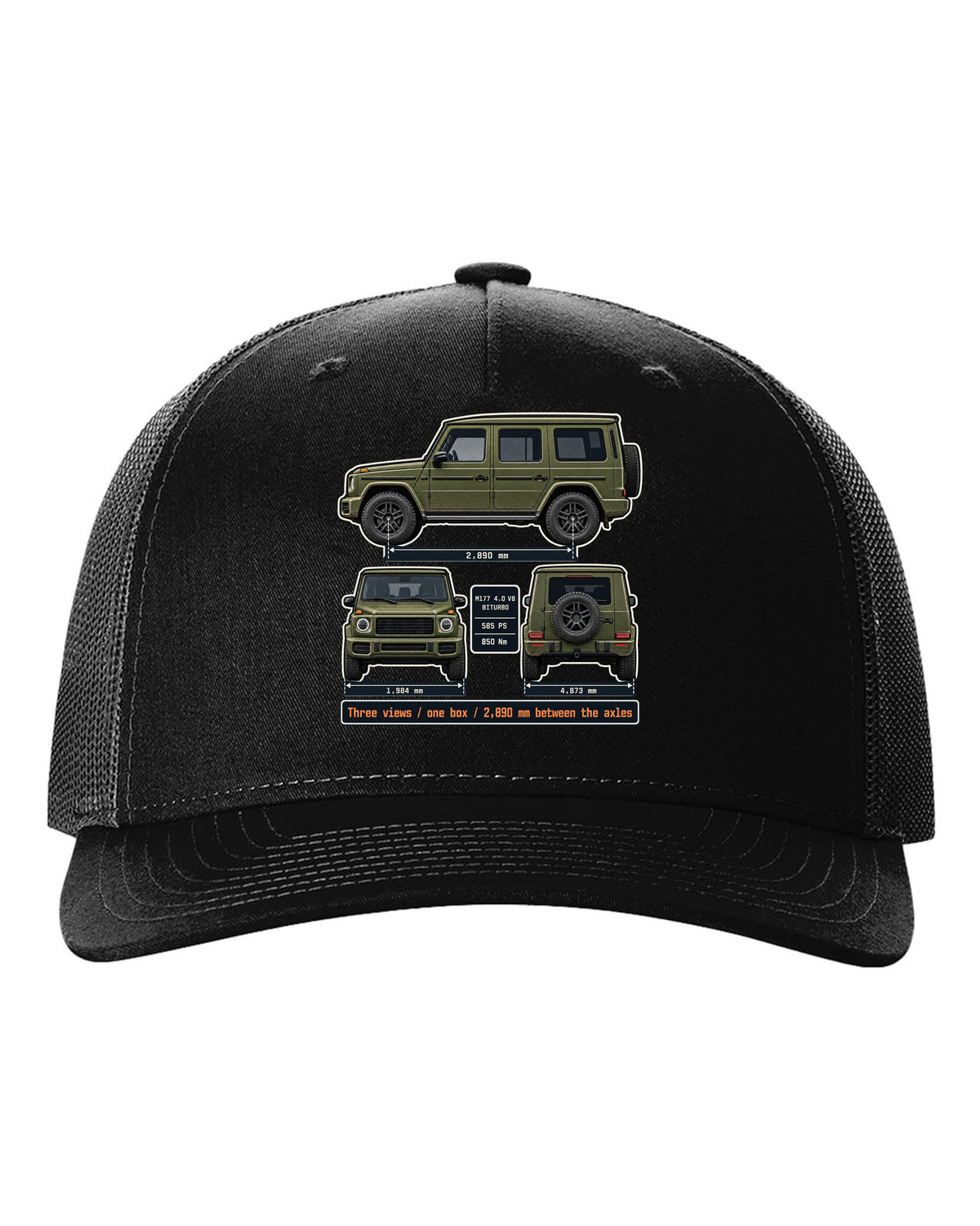 Three-view dossier print of a Mercedes-AMG G63 W463A black hat front view with the design