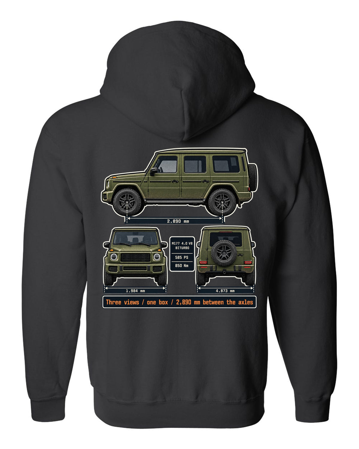 Three-view dossier print of a Mercedes-AMG G63 W463A black zip hoodie back view with the design