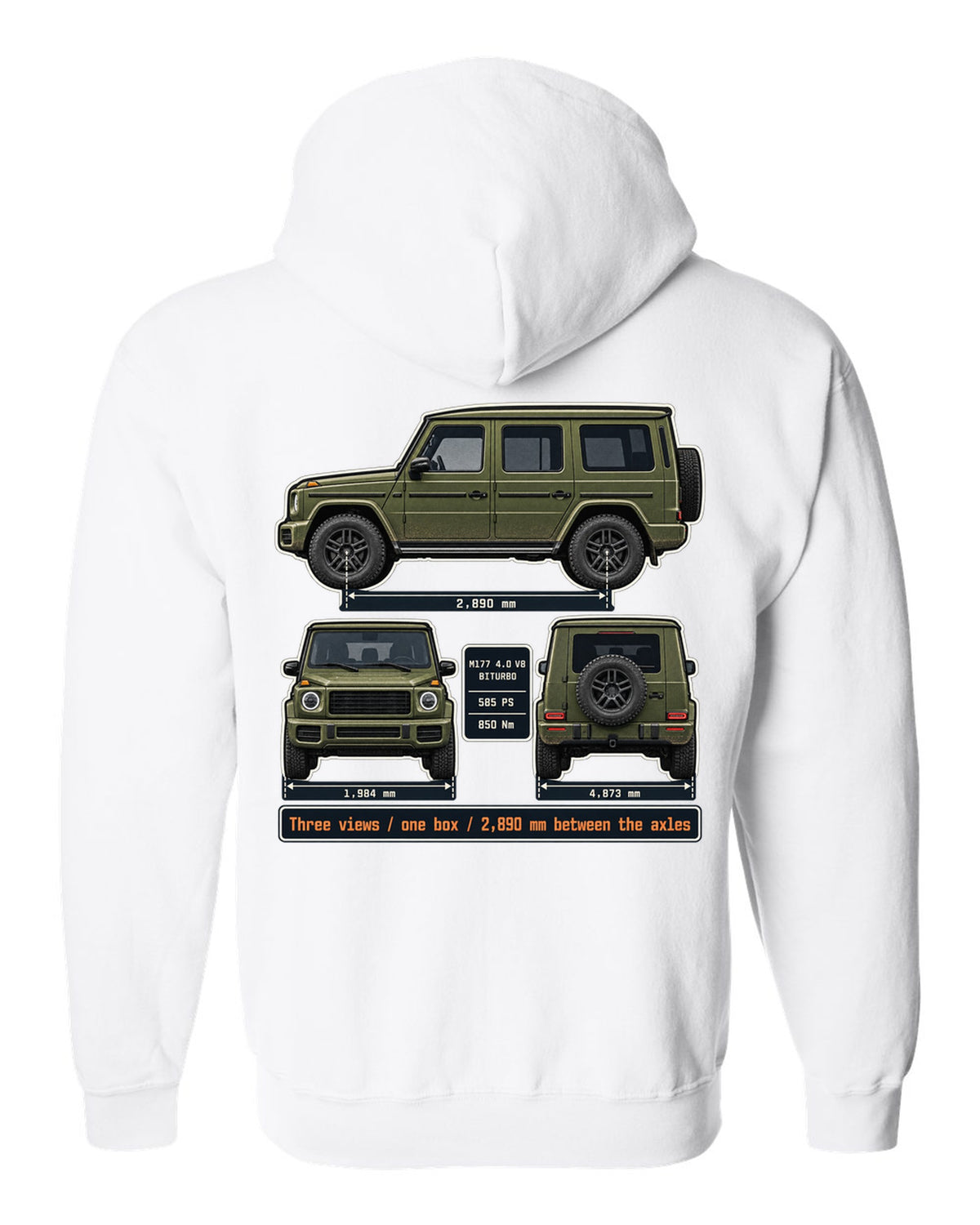 Three-view dossier print of a Mercedes-AMG G63 W463A white zip hoodie back view with the design