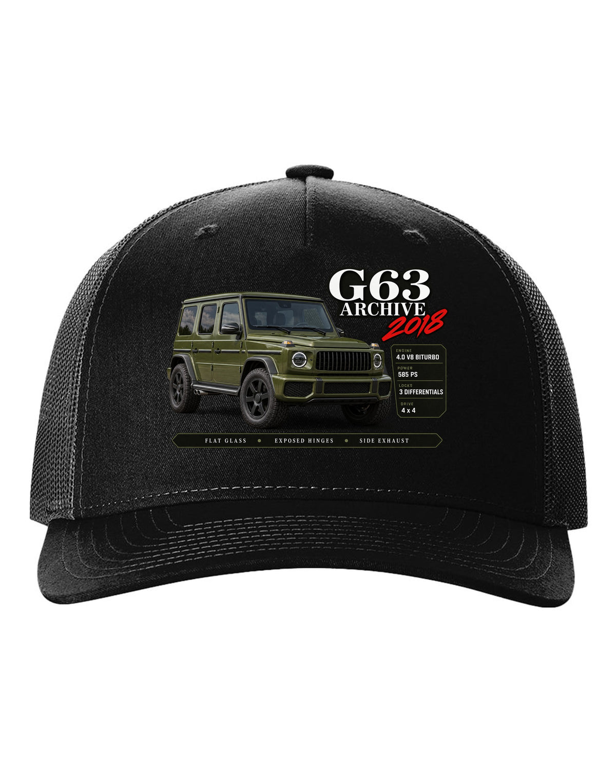 Archive panel print of a Mercedes-AMG G63 W464 with G63 Archive 2018 lettering black hat front view with the design