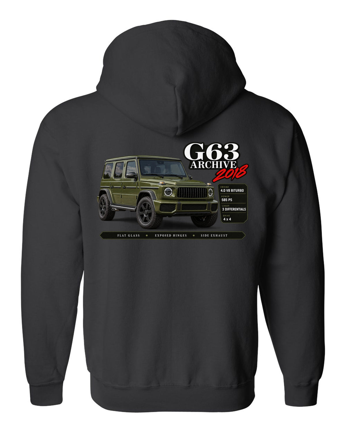Archive panel print of a Mercedes-AMG G63 W464 with G63 Archive 2018 lettering black zip hoodie back view with the design
