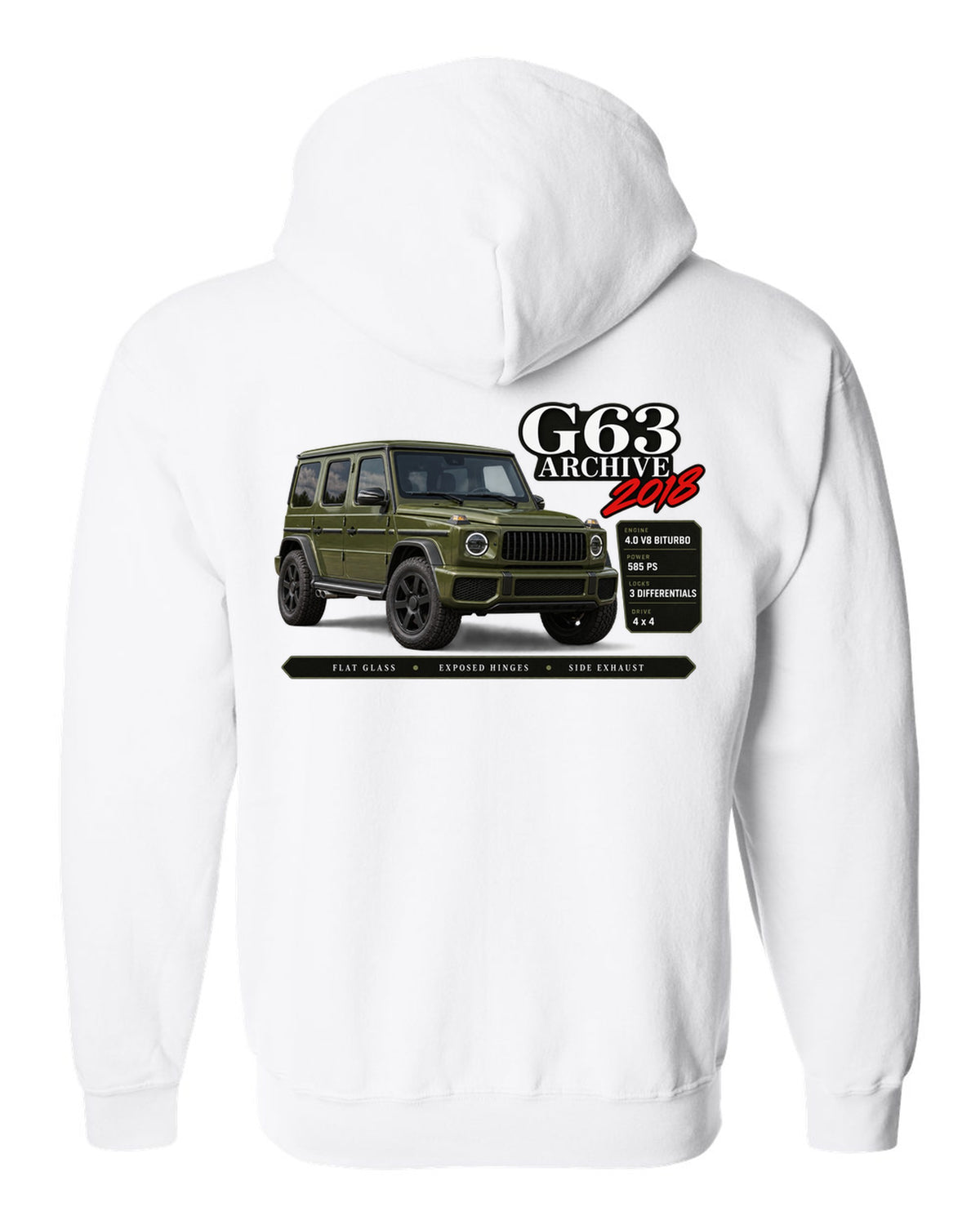 Archive panel print of a Mercedes-AMG G63 W464 with G63 Archive 2018 lettering white zip hoodie back view with the design