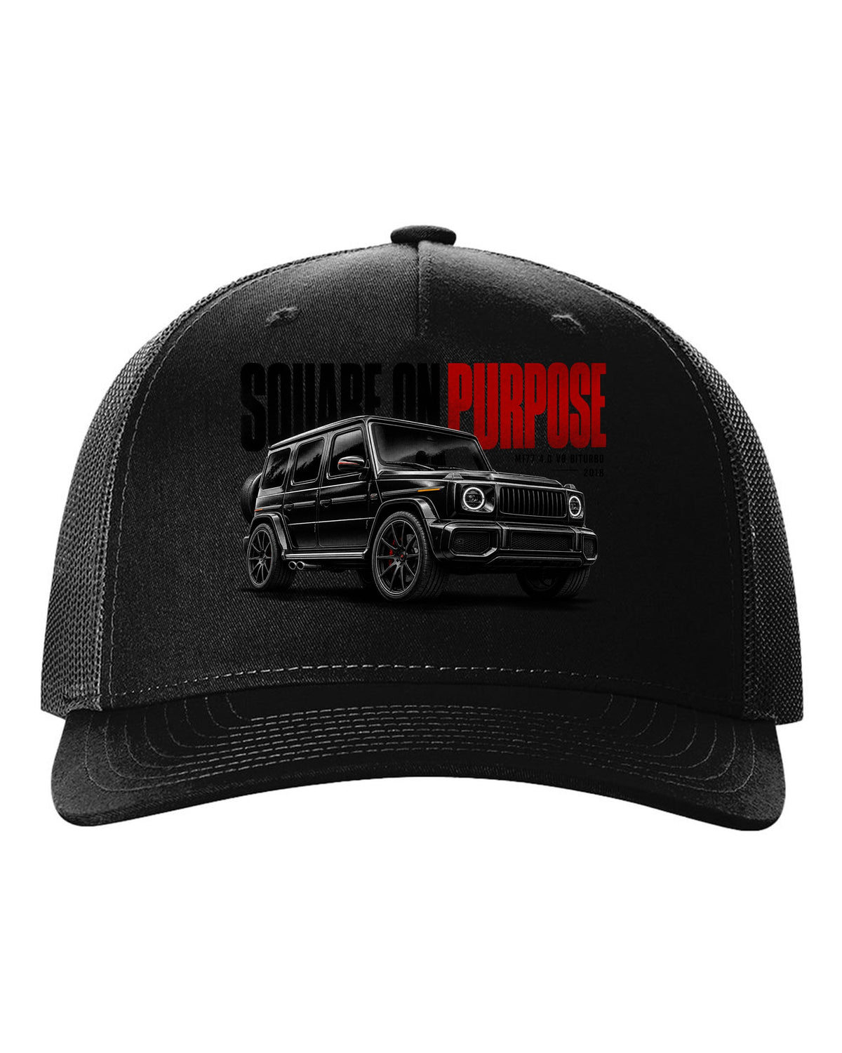 Halftone statement print of a Mercedes-AMG G63 W464 with Square On Purpose lettering black hat front view with the design