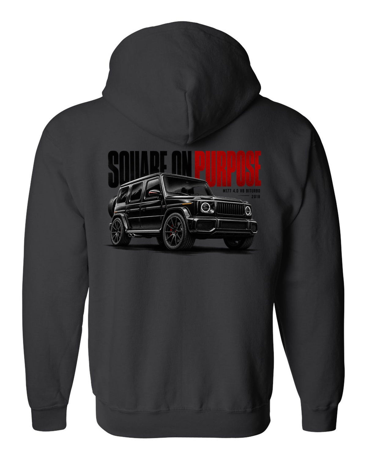 Halftone statement print of a Mercedes-AMG G63 W464 with Square On Purpose lettering black zip hoodie back view with the design