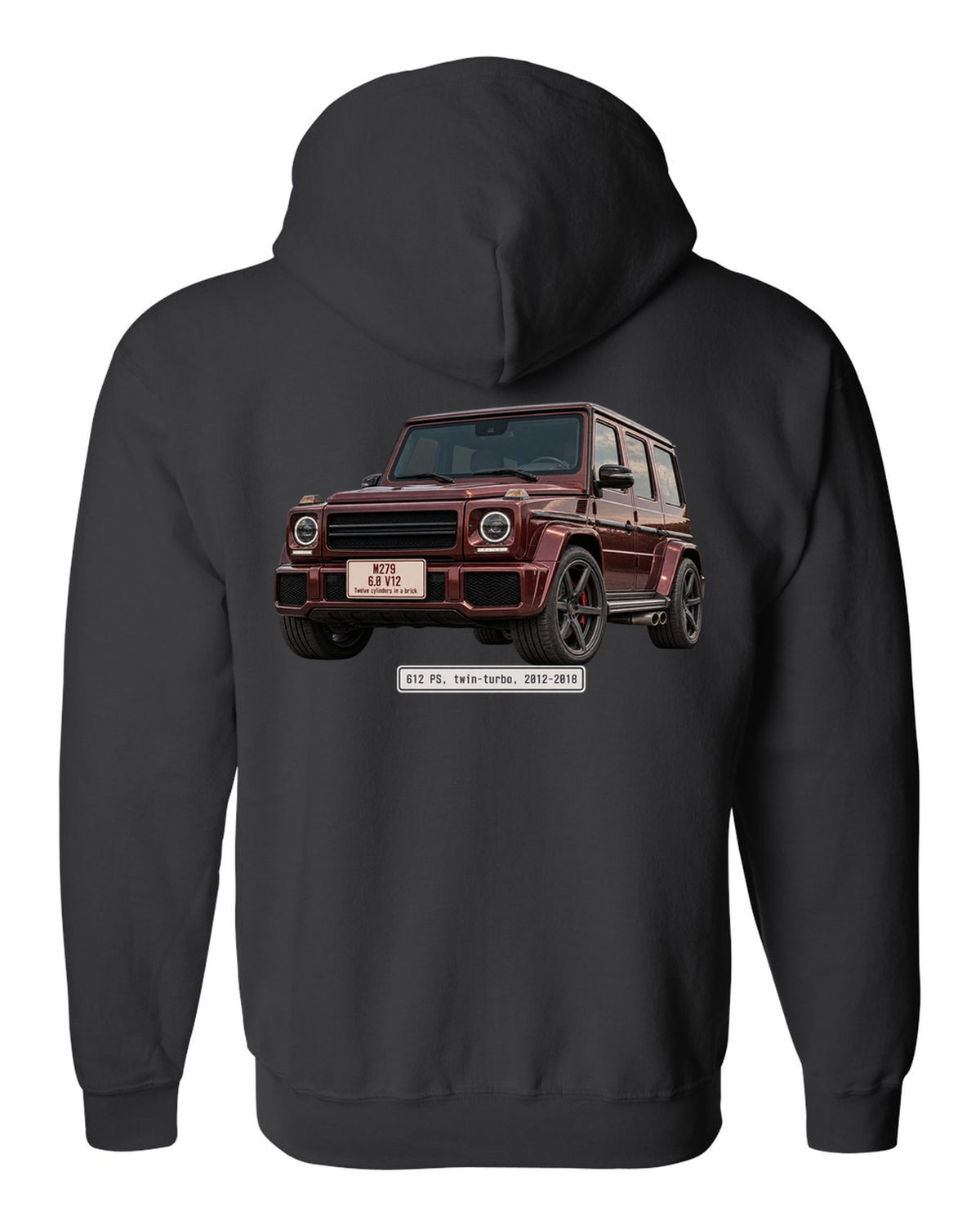 Editorial headline print of a Mercedes-AMG G65 W463 V12 black zip hoodie back view with the design