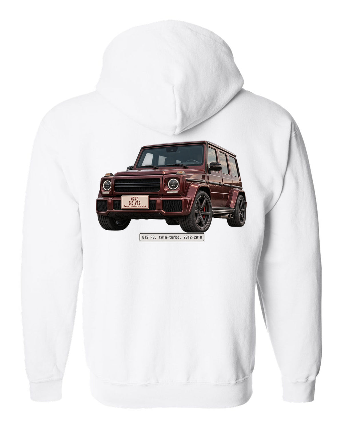 Editorial headline print of a Mercedes-AMG G65 W463 V12 white zip hoodie back view with the design