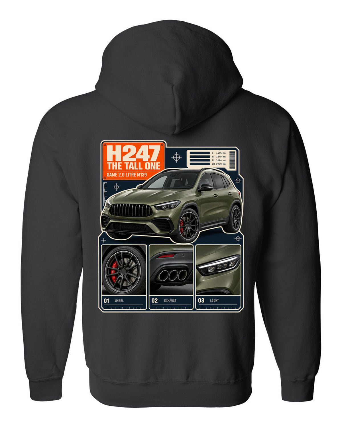 Mercedes-AMG GLA 45 S H247 dossier panel print black zip hoodie back view with the design