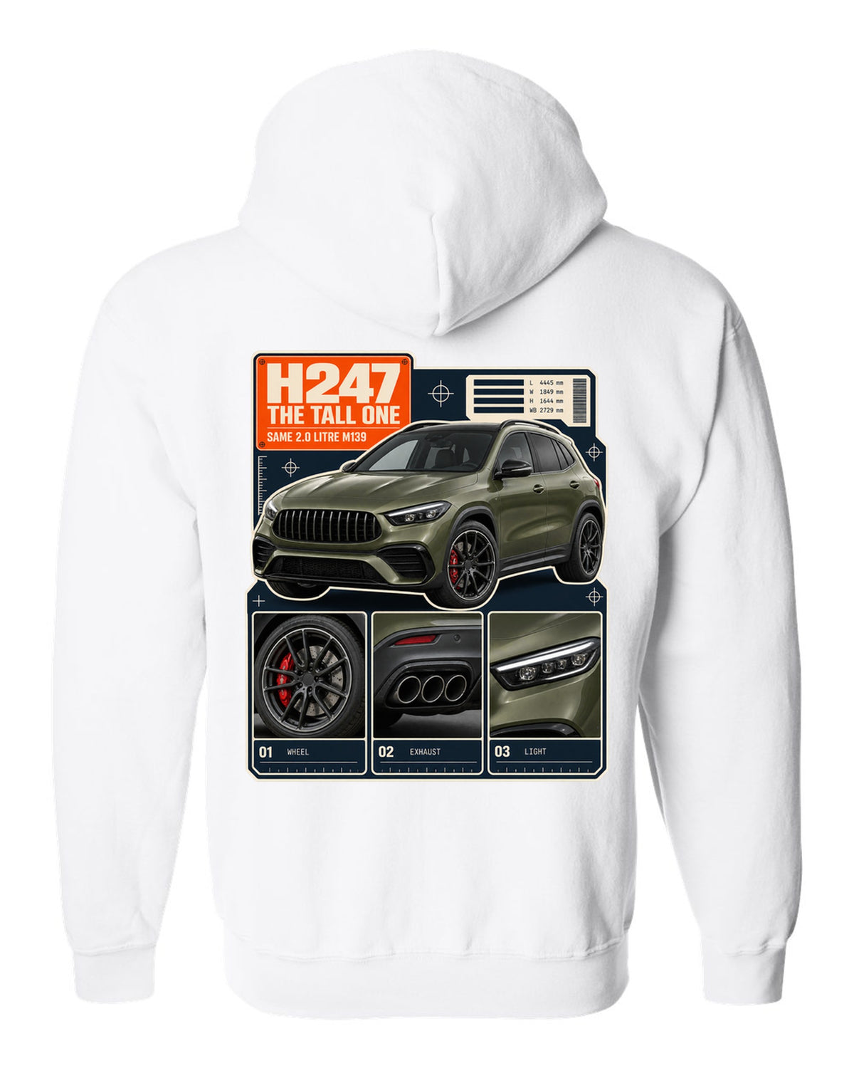 Mercedes-AMG GLA 45 S H247 dossier panel print white zip hoodie back view with the design