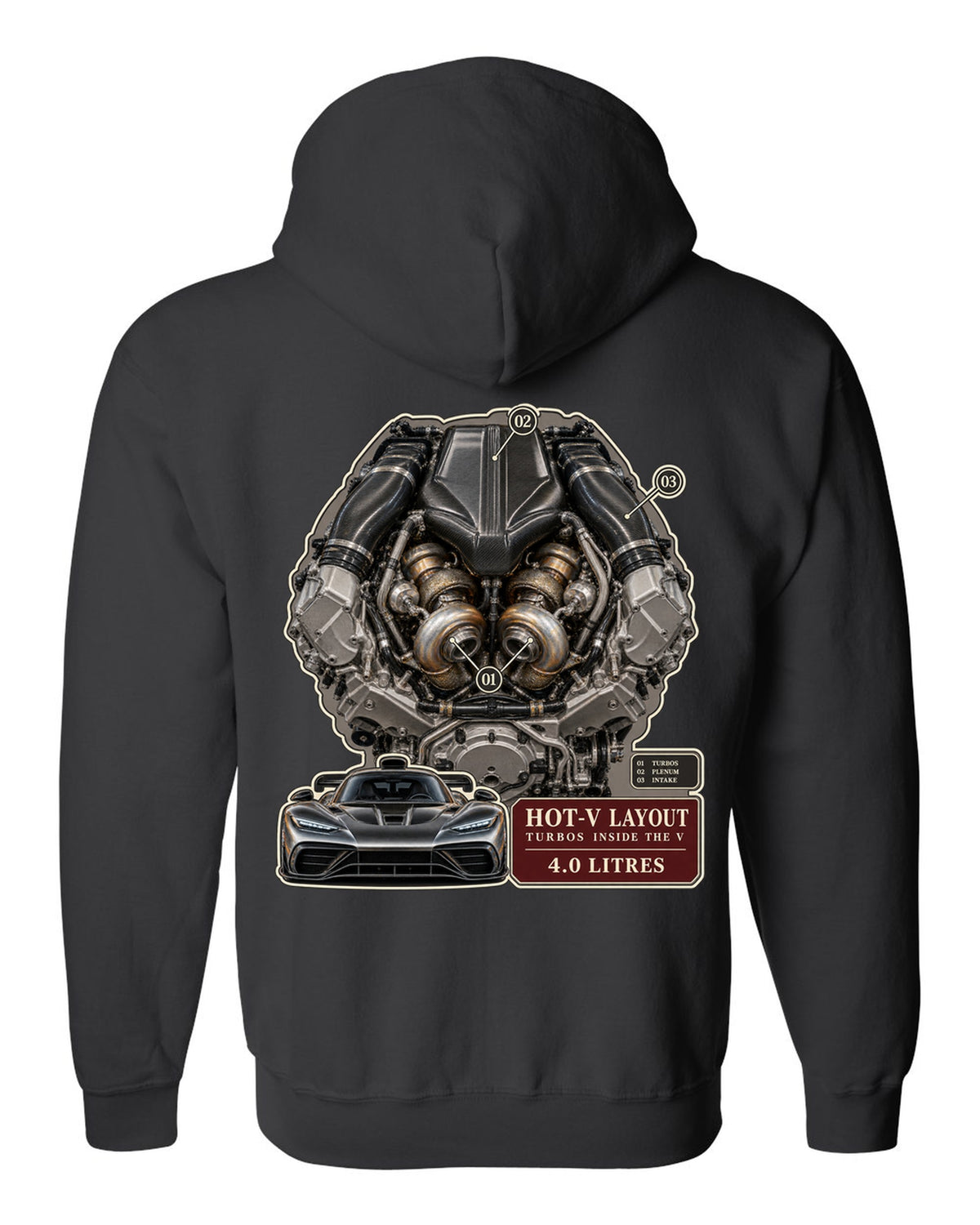 Mercedes-AMG GT 63 M178 4.0 litre biturbo V8 engine illustration black zip hoodie back view with the design