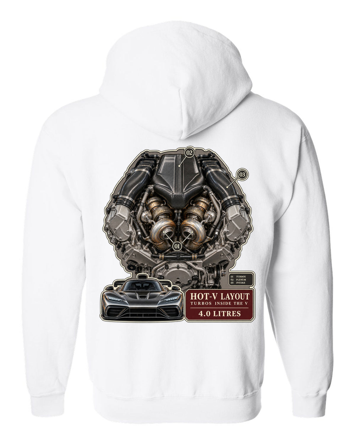 Mercedes-AMG GT 63 M178 4.0 litre biturbo V8 engine illustration white zip hoodie back view with the design