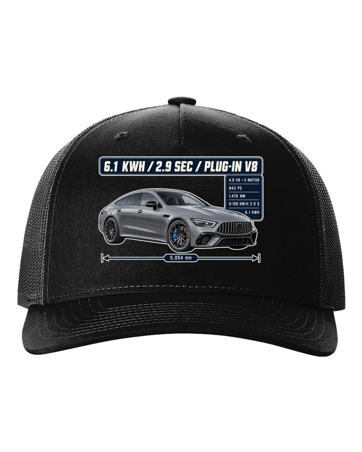 Mercedes-AMG GT 63 S E Performance spec poster design with electric-blue accent black hat front view with the design