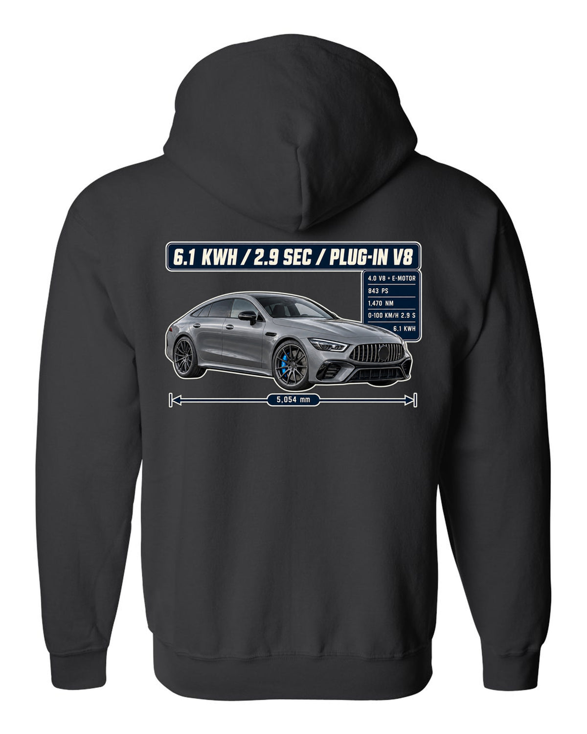 Mercedes-AMG GT 63 S E Performance spec poster design with electric-blue accent black zip hoodie back view with the design