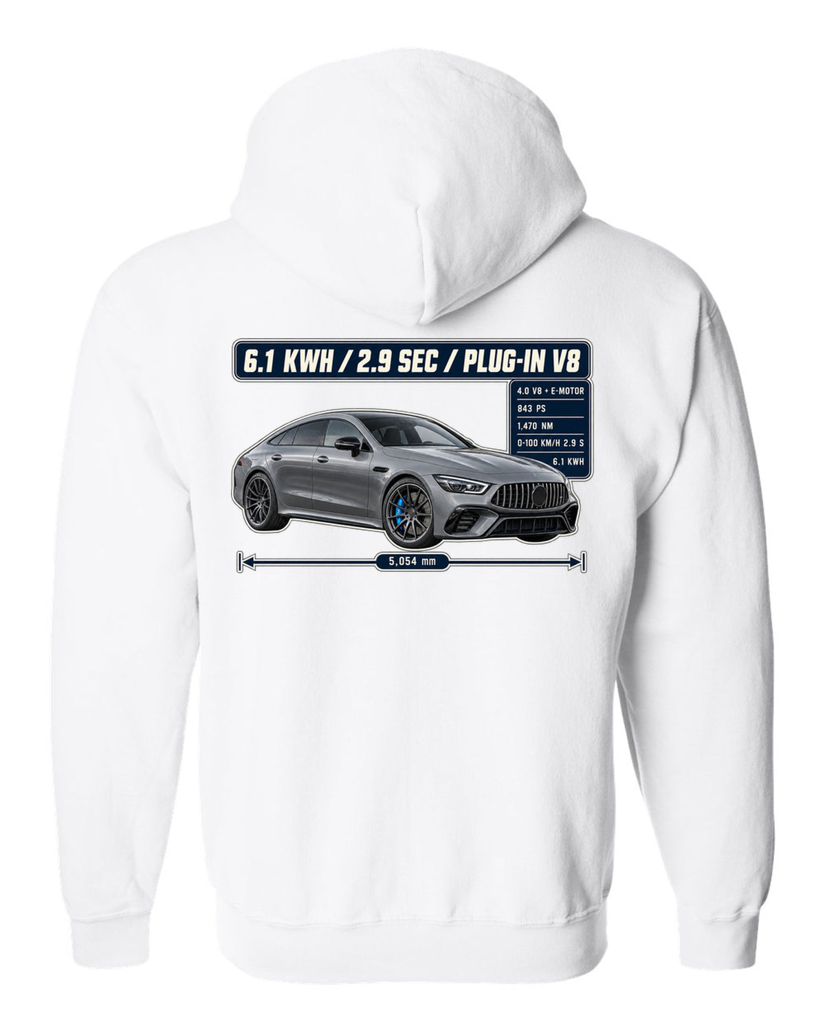 Mercedes-AMG GT 63 S E Performance spec poster design with electric-blue accent white zip hoodie back view with the design
