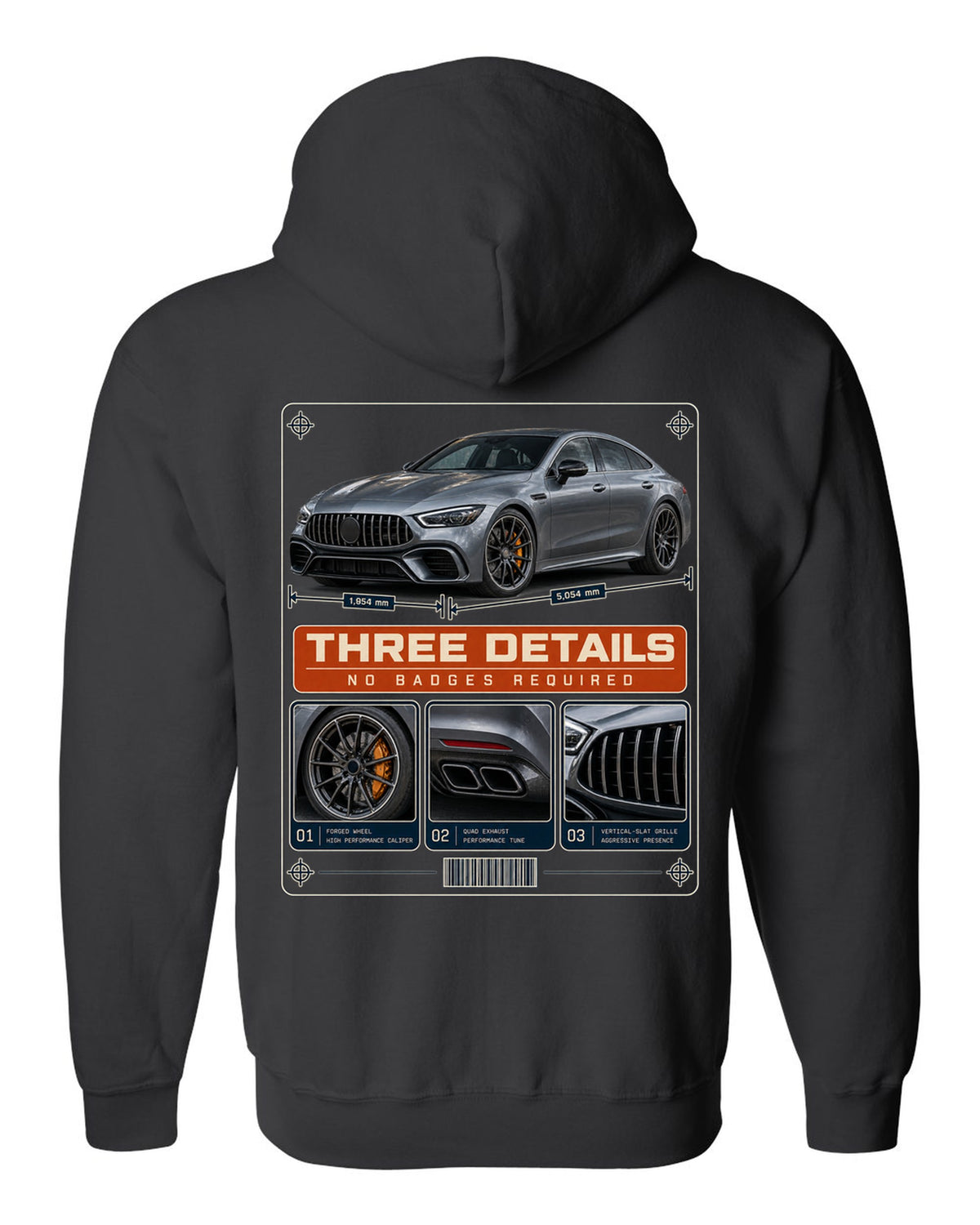 Mercedes-AMG GT 63 S 4-Door X290 dossier panel design in slate and orange black zip hoodie back view with the design